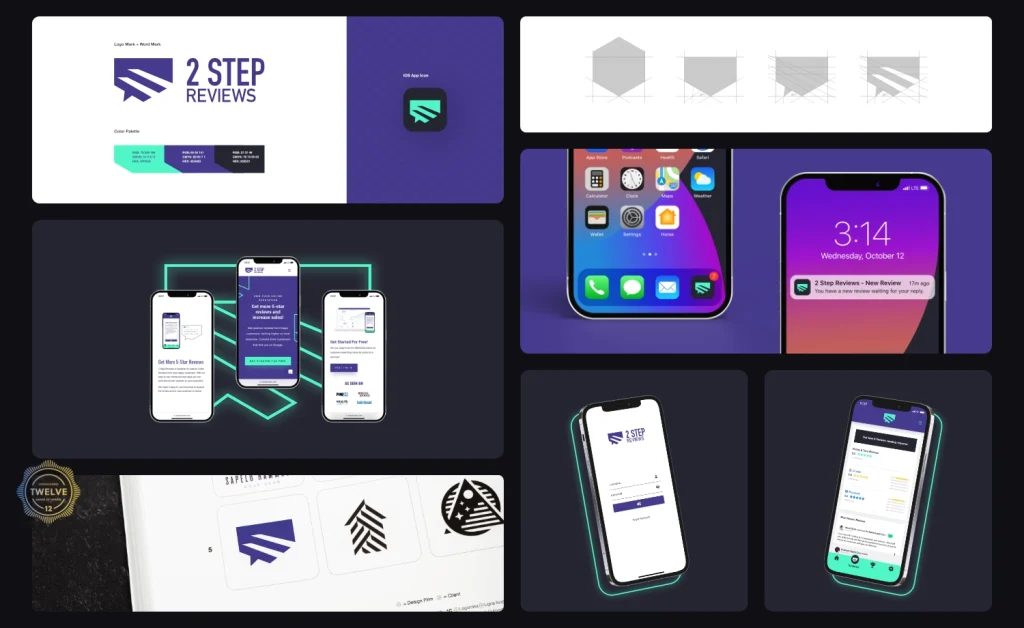Collage of seven images showcasing the brand identity redesign case study for the 2 Step Reviews, highlighting the new logo design, color palette, typography, app icon design, and app ui design representing the company's refreshed branding.