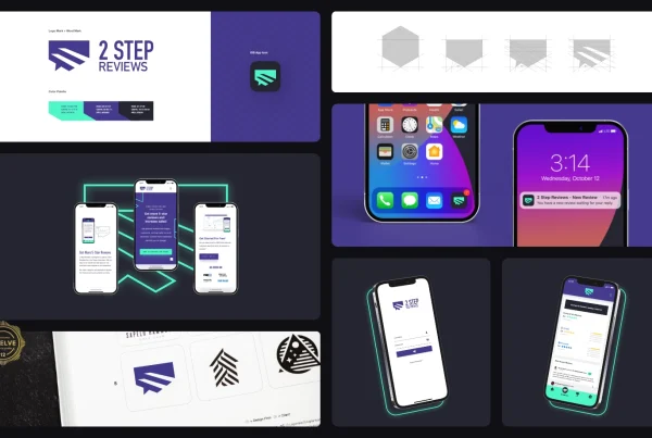 Collage of seven images showcasing the brand identity redesign case study for the 2 Step Reviews, highlighting the new logo design, color palette, typography, app icon design, and app ui design representing the company's refreshed branding.