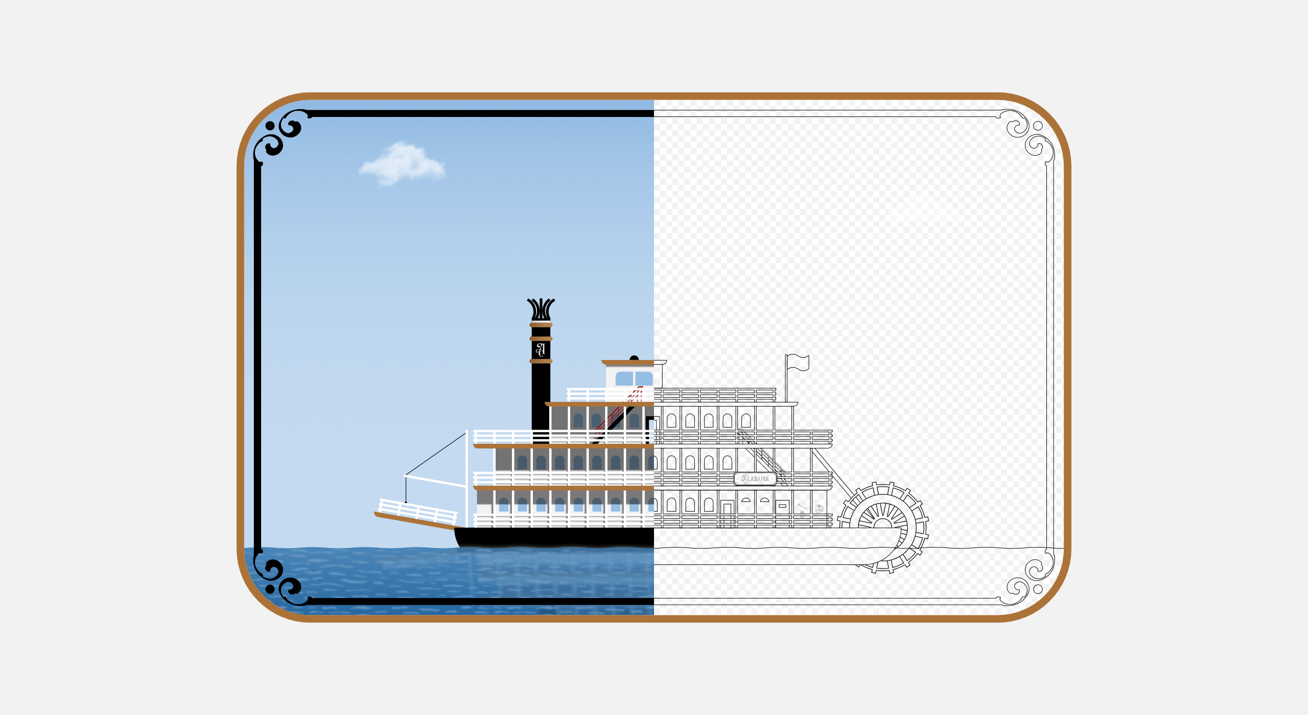 A side-by-side comparison of a fully-illustrated steamboat on the left with its simple black sketch on the right.