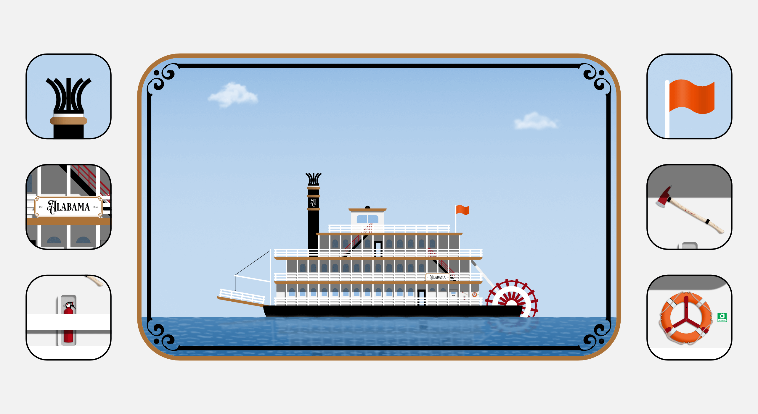 Illustration of a steamboat on calm water, with six inset images showing detailed views of the boat. Three insets are on each side of the main image. The details include the steam stack, the name plate, a fire extinguisher, a flag on the top of the boat, and a lifebuoy hanging on the side. The main image focuses on the full steamboat, while the insets provide close-ups of these specific features.