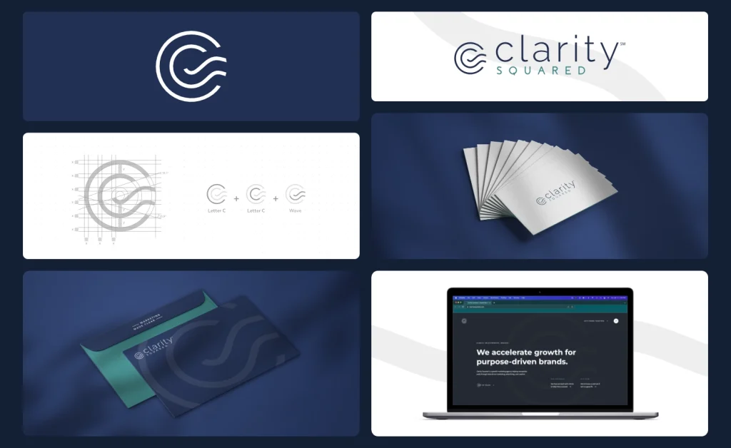 A collage of seven images showcasing different images from the Clarity Squared brand case study