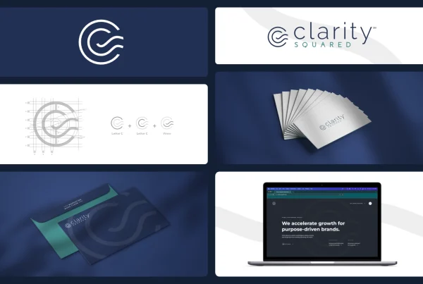A collage of seven images showcasing different images from the Clarity Squared brand case study