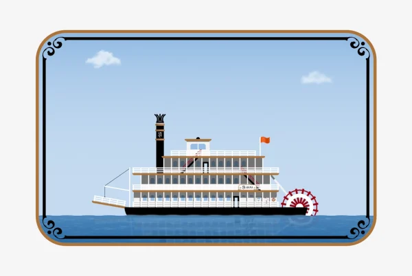 Illustration of a vintage steamboat moving across a body of water.
