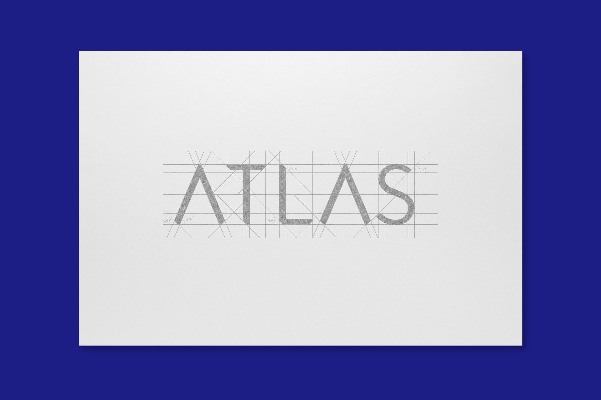 Atlas - showcasing the modern, custom-designed wordmark crafted to convey upward momentum and balance through its design characteristics. The wordmark is shown in a pencil sketch with its design grid displayed behind.