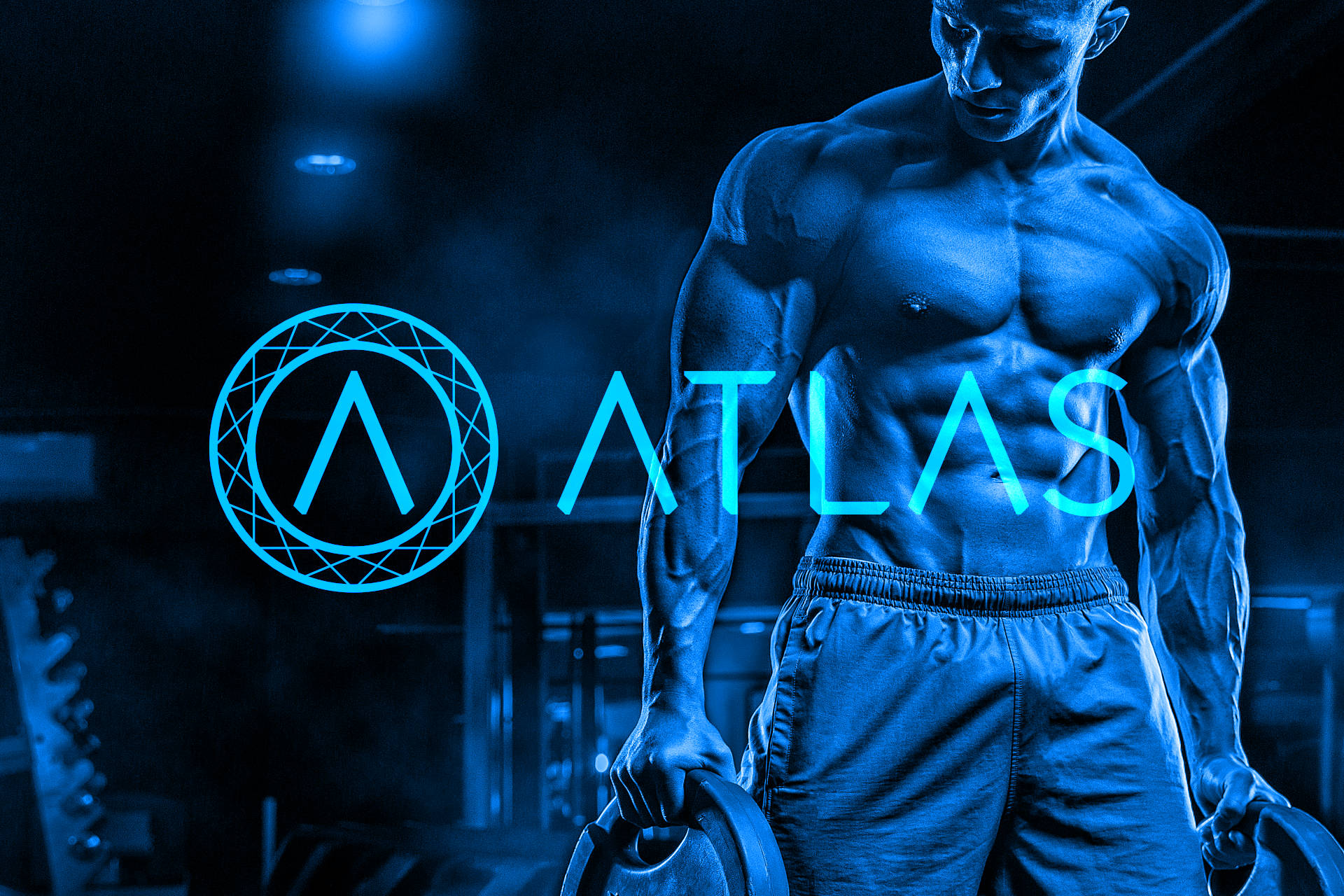 A modern and bold logo design for Atlas Fitness & Power featuring a stylized letter 'A' in a vibrant blue color, symbolizing energy, strength, and trust. The logo is paired with a custom designed clean and modern typography, representing the brand's focus on helping clients sculpt their body through personalized training and support. The logo design is superimposed on a photograph of a male fitness model holding a 45-pound dumbbell in each hand.
