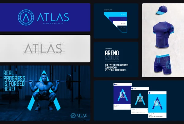 A collage of seven images showcasing different images from the Atlas Fitness brand case study