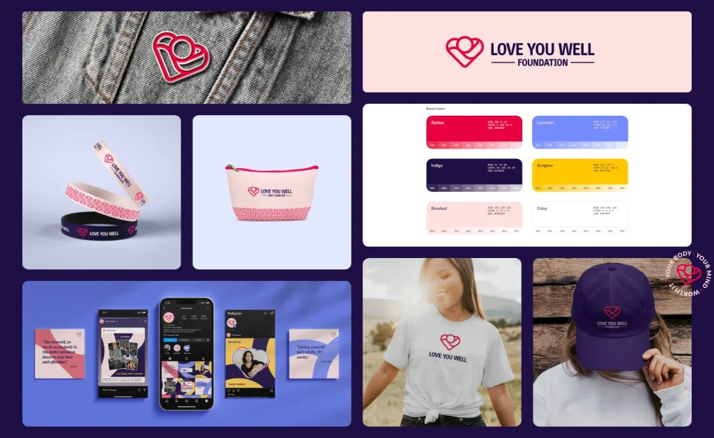 Collage of eight images showcasing the brand identity redesign case study for the Love You Well nonprofit, highlighting new logo designs, color palette, typography, social media identity, and visual elements representing the organization's refreshed branding.