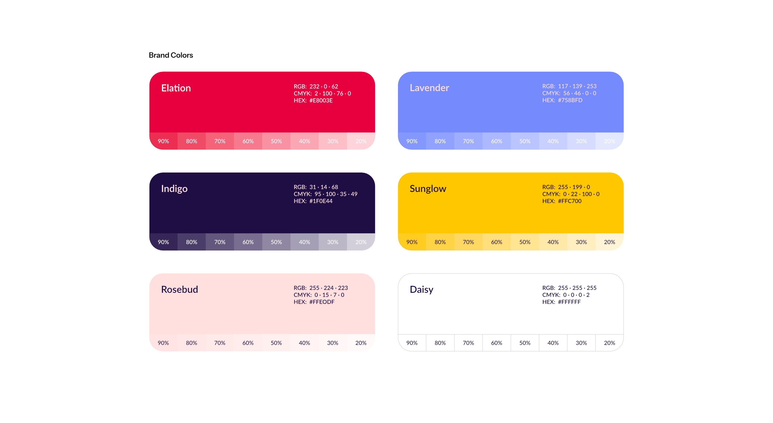 Brand color palette of the Love You Well Foundation. The palette includes soft, compassionate colors, such as elation, lavender, indigo, sunglow, rosebud, and daisy, reflecting the foundation’s focus on care and support. Each color swatch is displayed in rounded rectangular blocks with accompanying RGB and HEX color codes.