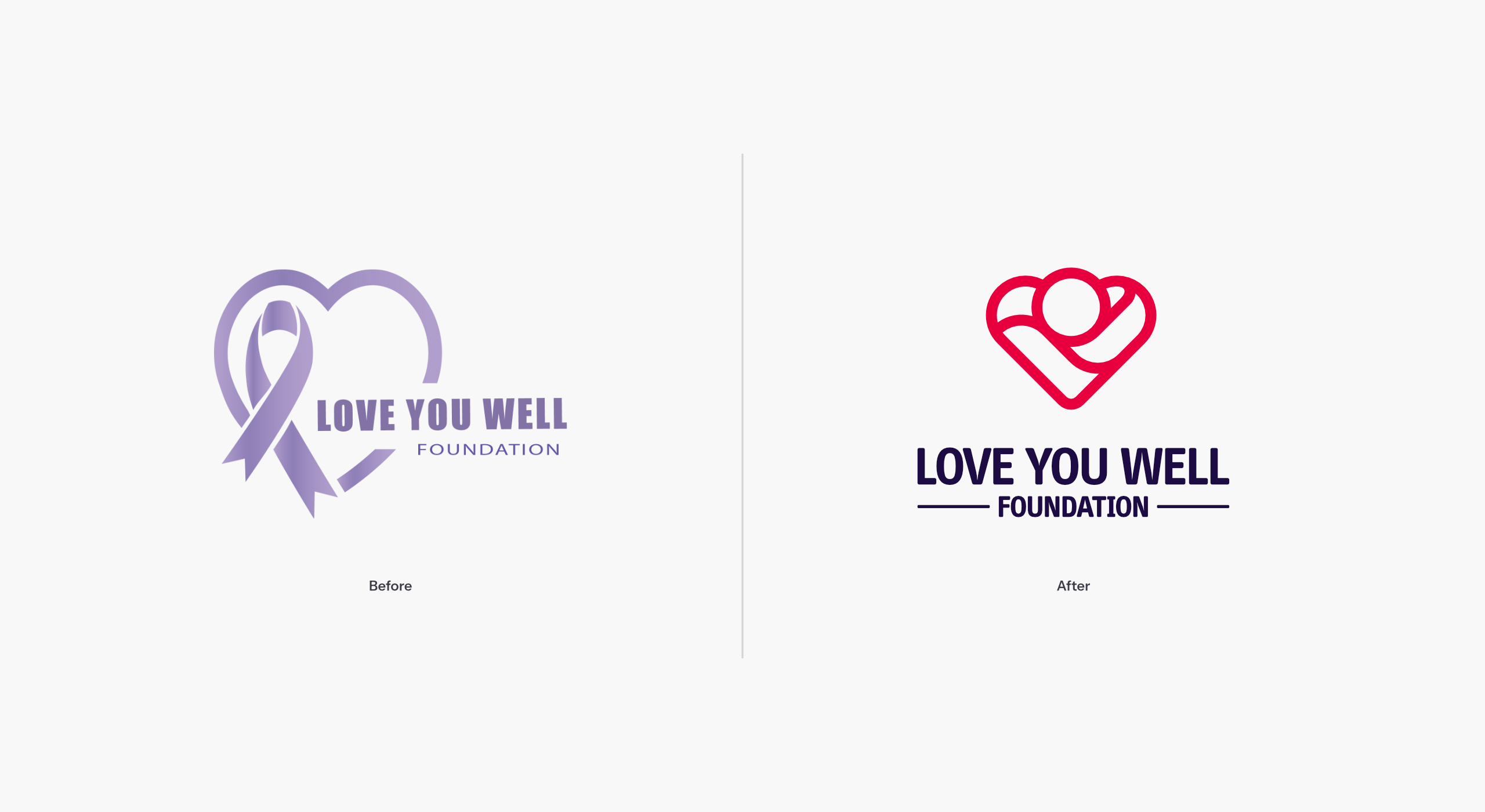 Side-by-side comparison of the old and new Love You Well Foundation logos as a part of the new nonprofit brand identity redesign. The image highlights the evolution of the logo, emphasizing improved clarity and alignment with the foundation’s mission.