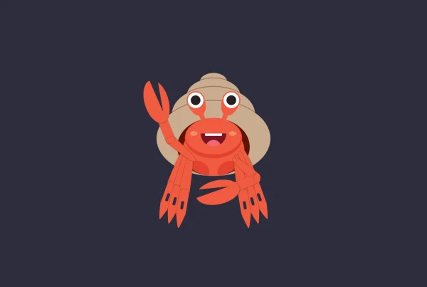 Illustration of a smiling hermit crab waving his right claw for Happy Hermit Embroidery brand