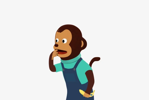 Illustration of a cute puppet monkey holding a banana in his left hand.